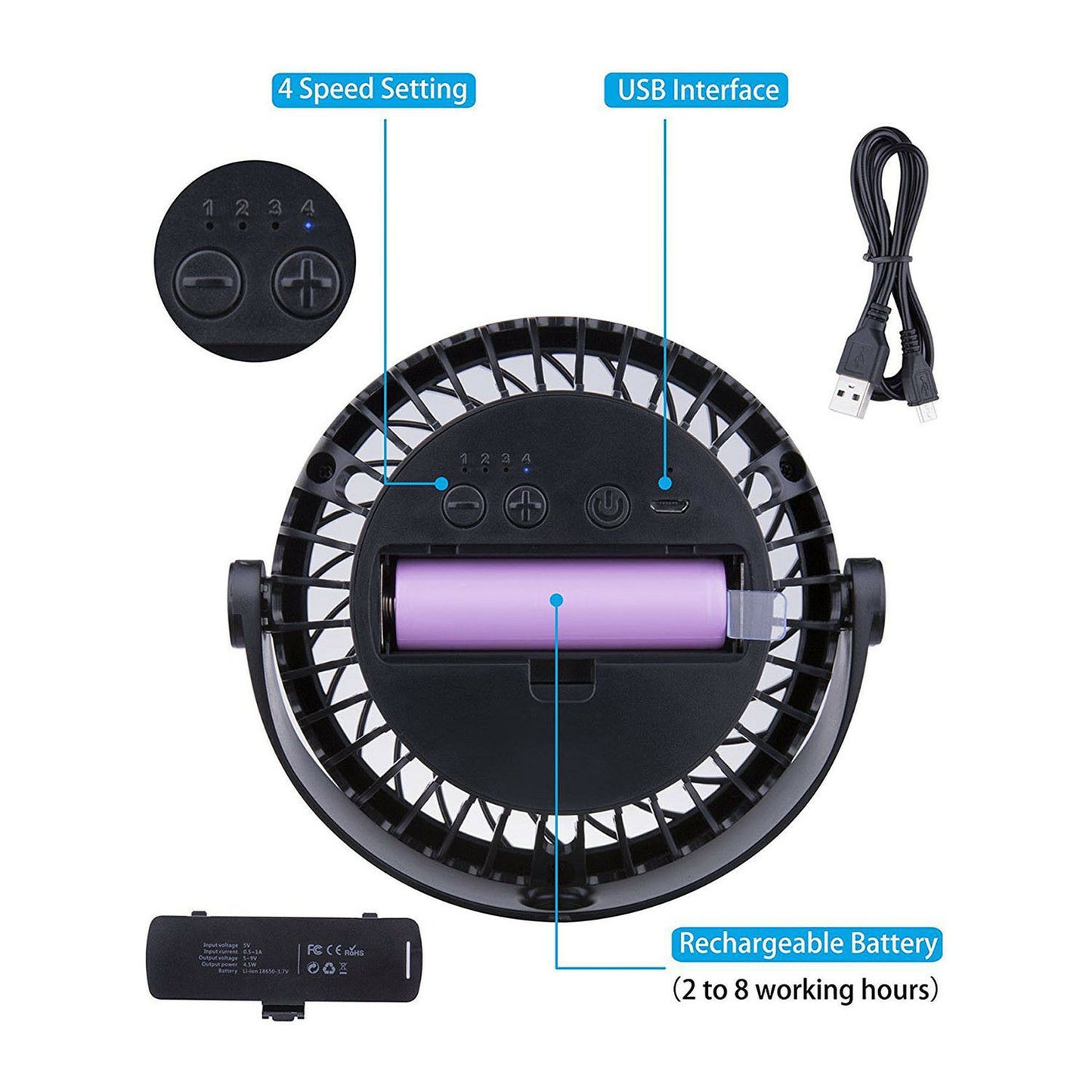 360° Degree Rotation Portable Clip Fan 4 Speed Rechargeable Battery Clip On Desk