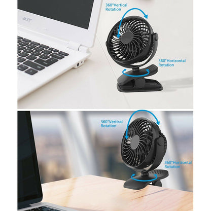 360° Degree Rotation Portable Clip Fan 4 Speed Rechargeable Battery Clip On Desk